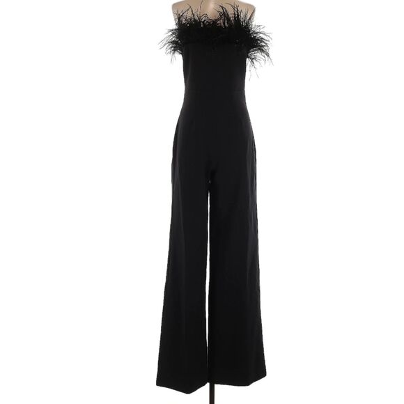 Likely Desi Ostrich Feather-Trimmed Black Jumpsuit Wide Leg Size 4 Revolve - Picture 3 of 5
